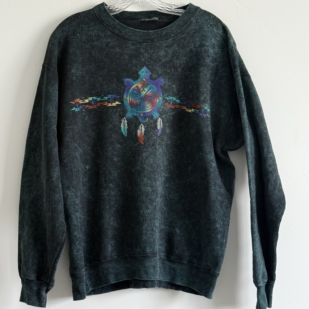 Vtg Aztec Sweatshirt M/L Blue Green Acid Stone Washed Southwestern Western 90s